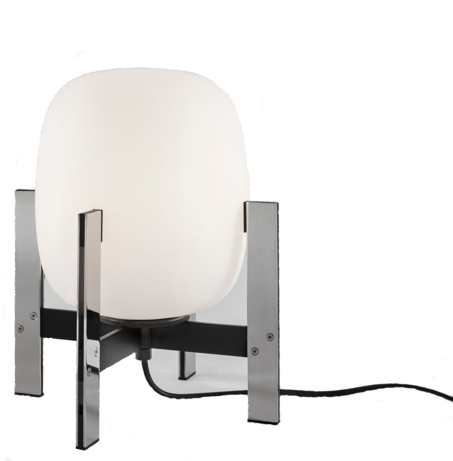 Cestita Metálica Tischleuchte von Santa & Cole: Moderne Tischlampe mit Metallgestell und opalweißem Diffusor.